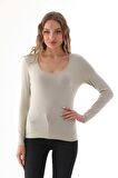 Kadın Viskon Dekolte Yaka Slim Fit Tişört-Bej