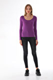 Kadın Viskon Dekolte Yaka Slim Fit Tişört-Mor