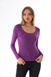 Kadın Viskon Dekolte Yaka Slim Fit Tişört-Mor