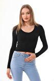 Kadın Crop Pamuklu V Yaka T-shirt -Siyah