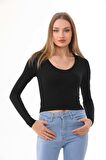 Kadın Crop Pamuklu V Yaka T-shirt -Siyah