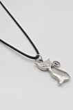 Mistik Kedi Siyah Deri İp Kolye - Antik Gümüş Kaplama - Kadın Erkek - 60 cm