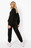 Kadın Siyah Şardonlu Eşofman Altı Düşük Kol Oversize Sweatshirt Eşofman Takımı 5054-8033-2010