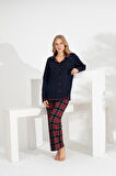 Angelique %100 Pamuk Uzun Kol Ekose Kadın Pijama Takımı 21224-25-26-27