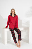 Angelique %100 Pamuk Uzun Kol Ekose Kadın Pijama Takımı 21224-25-26-27