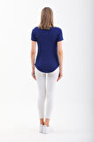 Viskon Dökümlü Dekolte Yaka Tişört-Lacivert