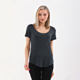 Viskon Dökümlü Dekolte Yaka Tişört-Füme