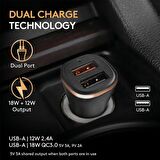 Duracell 30W Araç Şarj Başlığı ( Dual USB-A Port ) - Siyah