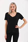 Viskon Dökümlü V Yaka Tişört-Siyah