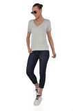 Viskon Dökümlü V Yaka Tişört-Gri