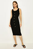 Kadın Fitilli Düğme Detaylı Midi Elbise