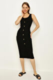 Kadın Fitilli Düğme Detaylı Midi Elbise