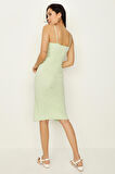 Kadın Askılı Düğme Detaylı Ön Yırtmaçlı Midi Elbise