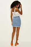 Kadın Yırtık Detaylı Mini Denim Etek
