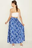Kadın Desenli Kuşaklı Volanlı Uzun Etek