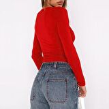 Kırmızı Bisiklet Yaka Bluz Darkalıp Ribana Kumaş Günlük Basic Body