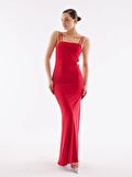 Askılı Jarse Kırmızı Uzun Elbise