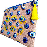 Uretti - Sümeyya 2589 1313 Nazar Boncuklu ve Göz Desen Boncuk İşlemeli Püsküllü Clutch Çanta