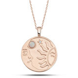 Özel Kutu ve Gümüş Bezi İle Gümüş Rose Opal Beyaz Taşlı Ay Güneş Kadın Kolye