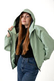 Kadın Su Yeşili Kapüşonlu Su ve Rüzgar Geçirmez Cepli Astarlı Oversize Mevsimlik Yağmurluk