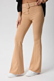 Kadın Kemerli Yüksek Bel İspanyol Paça Pantolon
