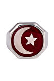 925 Ayar Gümüş Erkek Kırmızı Mine Ay Yıldızlı Köşegen Malcolm X Yüzüğü