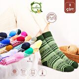Özel Üretim (2 Çift) Kalın %100 Yün Kışlık Çizgili - Motif Desenli Çorap