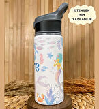 Kişiye Özel İsimli Kız Çocuk Deniz Kızı Pipetli Suluk Matara 650 ml