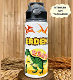 Kişiye Özel İsimli Erkek Çocuk Dinozor Pipetli Suluk Matara 650 ml