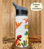 Kişiye Özel İsimli Erkek Çocuk Dinozor Pipetli Suluk Matara 650 ml