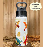 Kişiye Özel İsimli Erkek Çocuk Dinozor Pipetli Suluk Matara 650 ml