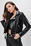 Kadın Siyah Biker Suni Deri Ceket HZL22W-BD110291
