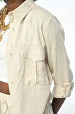 KADIN ÇİFT CEPLİ KOLU DÜĞME DETAYLI NATUR RENK GÖMLEK