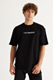 Erkek Siyah Long Fit %100 Pamuk Oval Kesim Bisiklet Yaka Los Angeles Baskılı Kısa Kollu Tişört