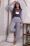 Fawn 3010 Peluş Welsoft Polar Kışlık Pandalı Cepli Kadın Pijama Takımı