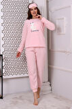 Fawn 3011 Peluş Welsoft Polar Kışlık Kadın Ev Kedi İşlemli Pijama Takımı