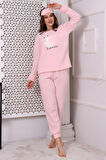 Fawn 3011 Peluş Welsoft Polar Kışlık Kadın Ev Kedi İşlemli Pijama Takımı