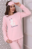 Fawn 3011 Peluş Welsoft Polar Kışlık Kadın Ev Kedi İşlemli Pijama Takımı