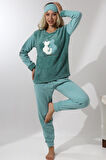 Fawn 3011 Peluş Welsoft Polar Kışlık Kadın Ev Kedi İşlemli Pijama Takımı