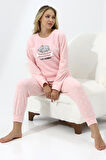 Fawn 5006 Peluş Welsoft Polar Kışlık Yumoş Kadın Pijama Takımı Uyuyan Kedili
