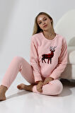 Fawn 5016 Peluş Welsoft Polar Kışlık Yumoş Geyikli Kadın Pijama Takımı