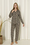 Mr 9507 Leopar Desenli Milan Yumuşak likralı Kumaş Boydan Düğmeli Kadın Pijama Takımı