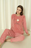 Fwn 04-3309 Peluş Welsoft Polar Kışlık Yumoş Kalpli Kedili Kadın Pijama Takımı