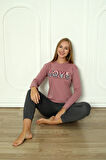 Fawn 04-3011 İnterlok Kumaş Love Baskılı Kışlık Ev Kadın Pijama Takımı