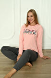 Fawn 04-3011 İnterlok Kumaş Love Baskılı Kışlık Ev Kadın Pijama Takımı