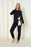 Fwn 4002 İnterlok Kışlık Tavşanlı Kadın Ev Pijama Takımı
