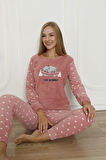 Fawn 5006 Peluş Welsoft Polar Kışlık Yumoş Kadın Pijama Takımı Uyuyan Kedili