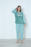 Fawn 5006 Peluş Welsoft Polar Kışlık Yumoş Kadın Pijama Takımı Uyuyan Kedili