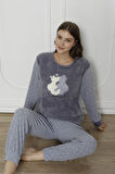 Fwn 3011 Peluş Welsoft Polar Kışlık Kadın Ev Kedi İşlemli Pijama Takımı