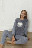 Fawn 3312 Peluş Welsoft Polar Kışlık Yumoş Uyuyan Ayılı Kadın Pijama Takımı